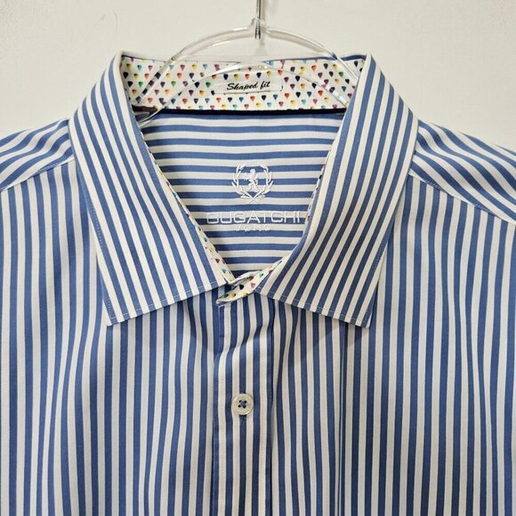 Bugatchi Uomo Men's 2XL Shapped Fit Blue Striped Long Sleeve Shirt Flower Lining - Picture 3 of 11